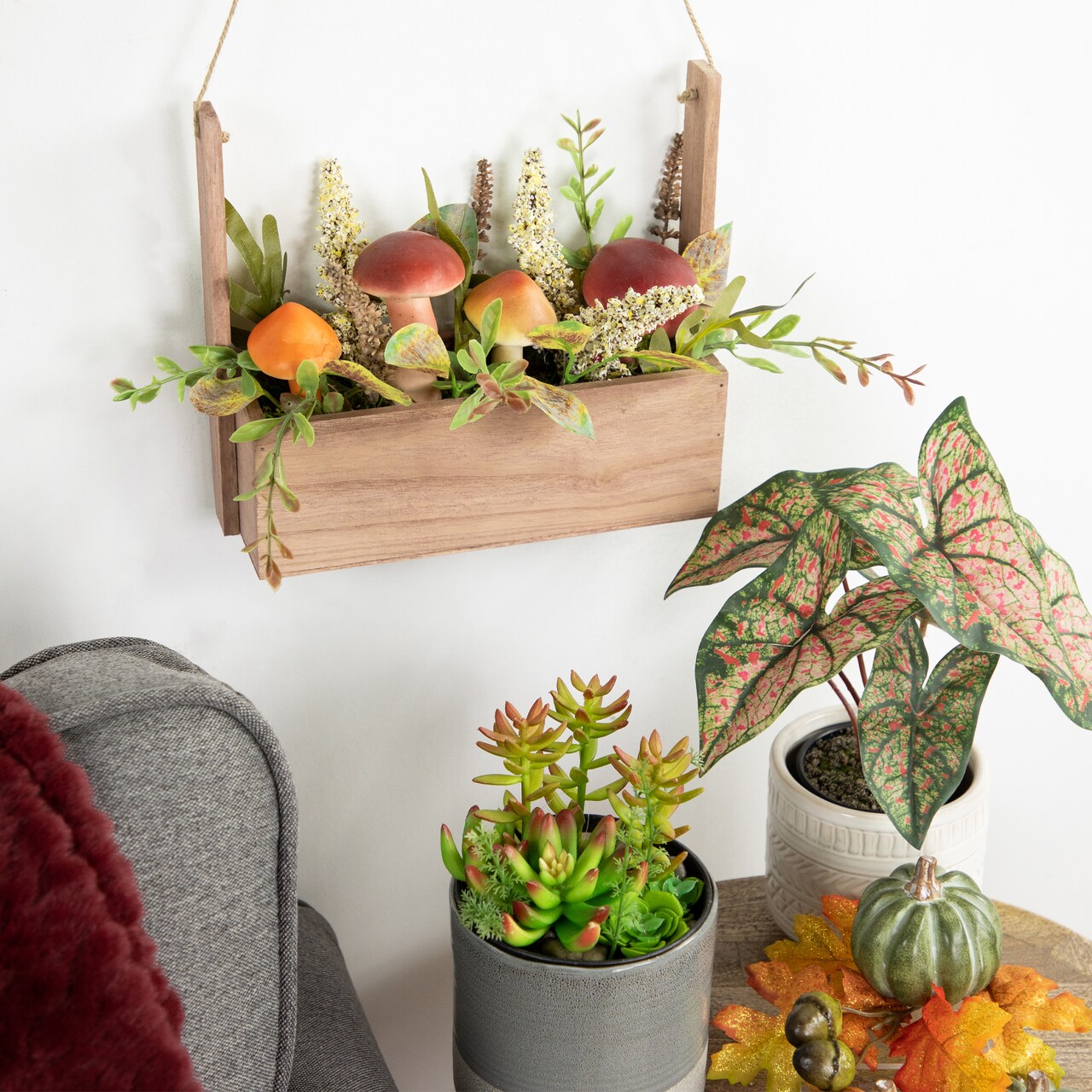 Northlight Mushroom and Foliage Wooden Box Artificial Fall Harvest Hanging Arrangement - 19"